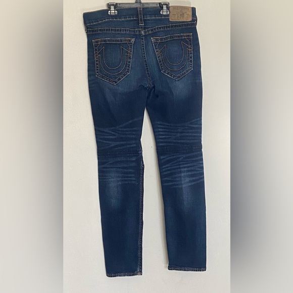 True Religion Jeans’Skinny Moto Biker BigT Red Orange Stitch Stretch-Size:36/34” - Picture 2 of 13